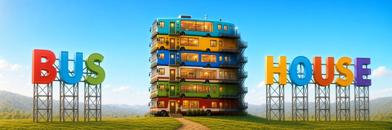 Colorful Bus House sign and tower