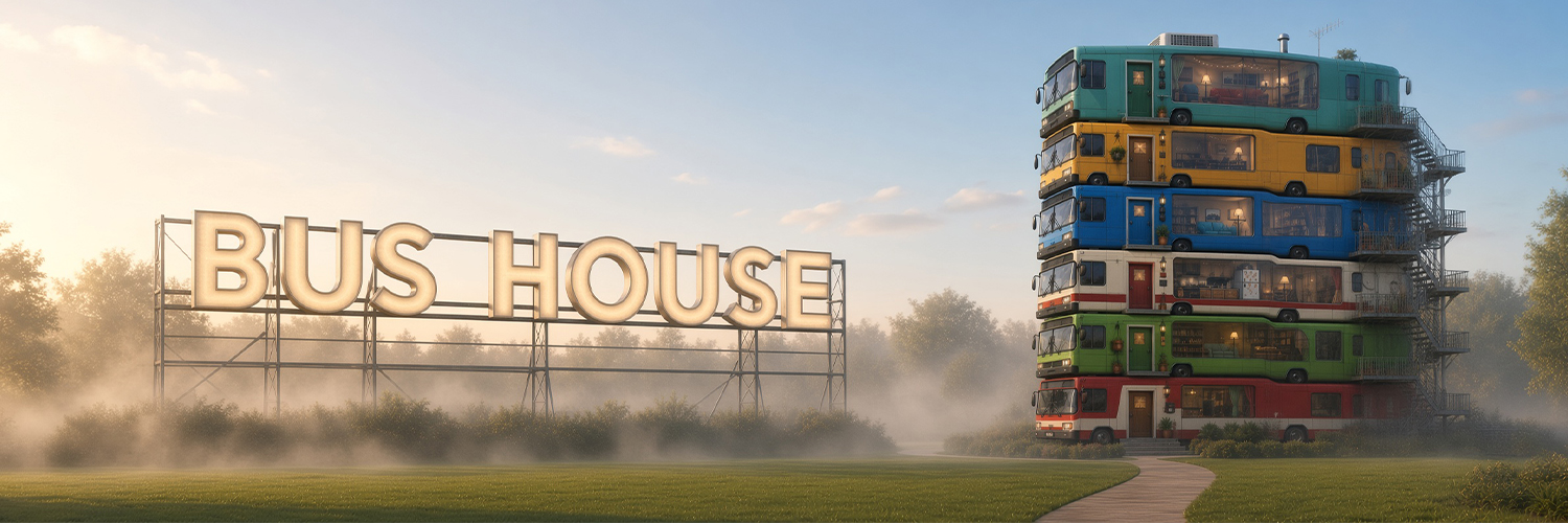 Bus House tower beside a giant sign at dawn