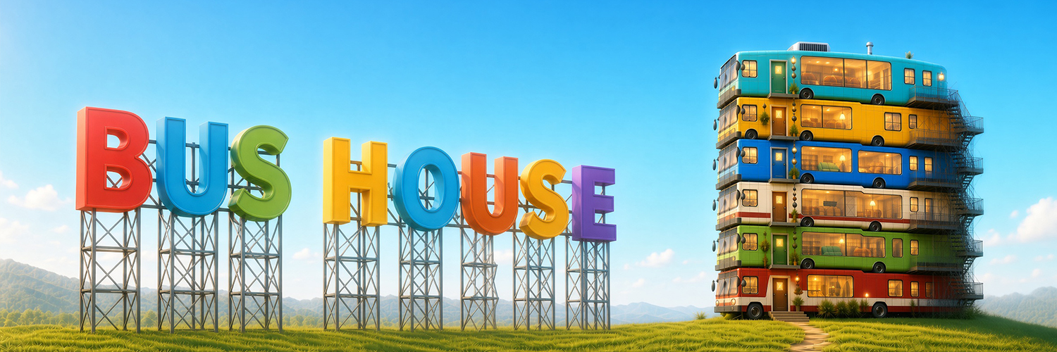 Bus House sign with bus apartment tower