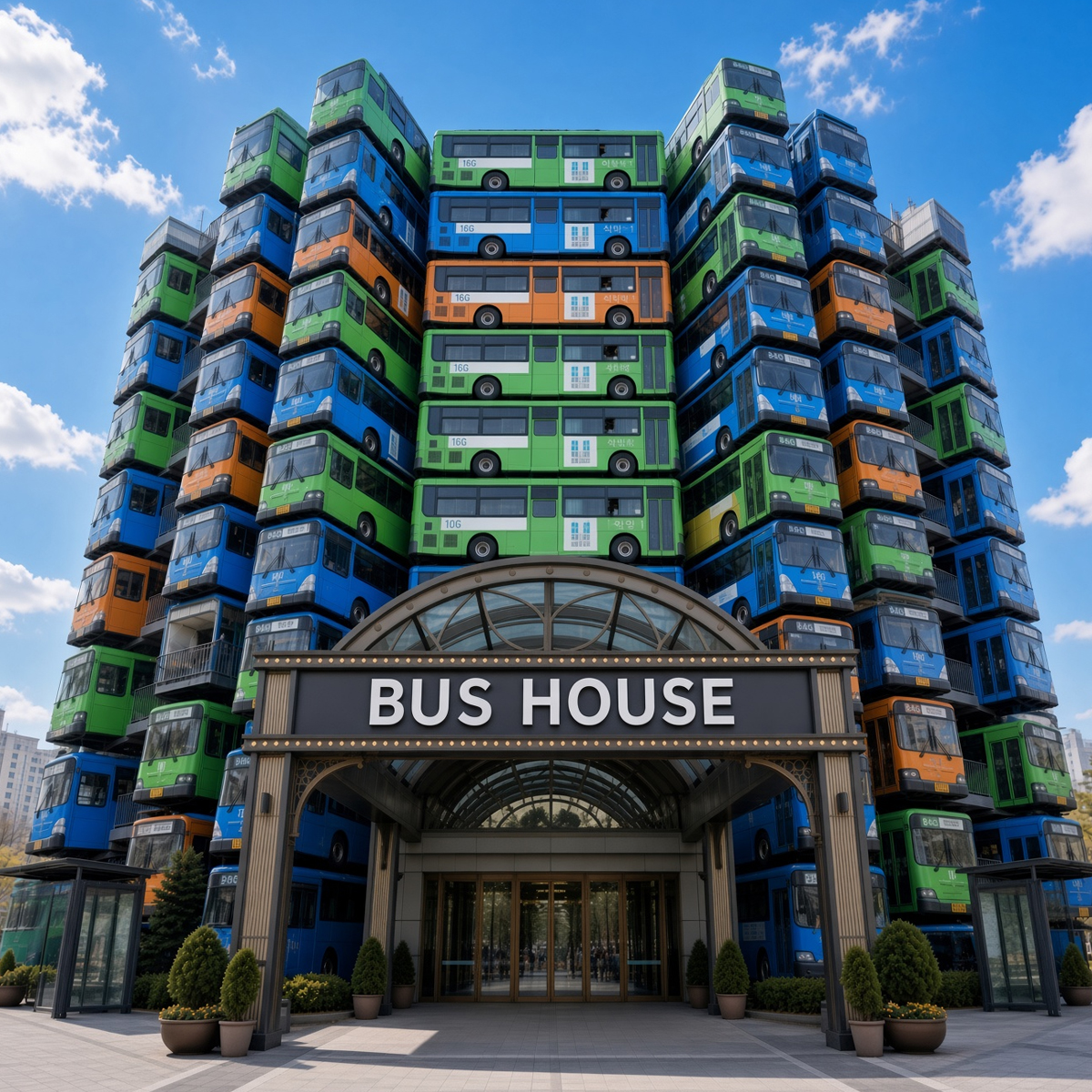 Grand palace built from stacked city buses