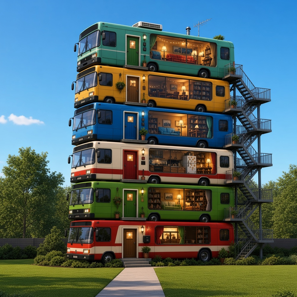Six bus apartments stacked in a garden