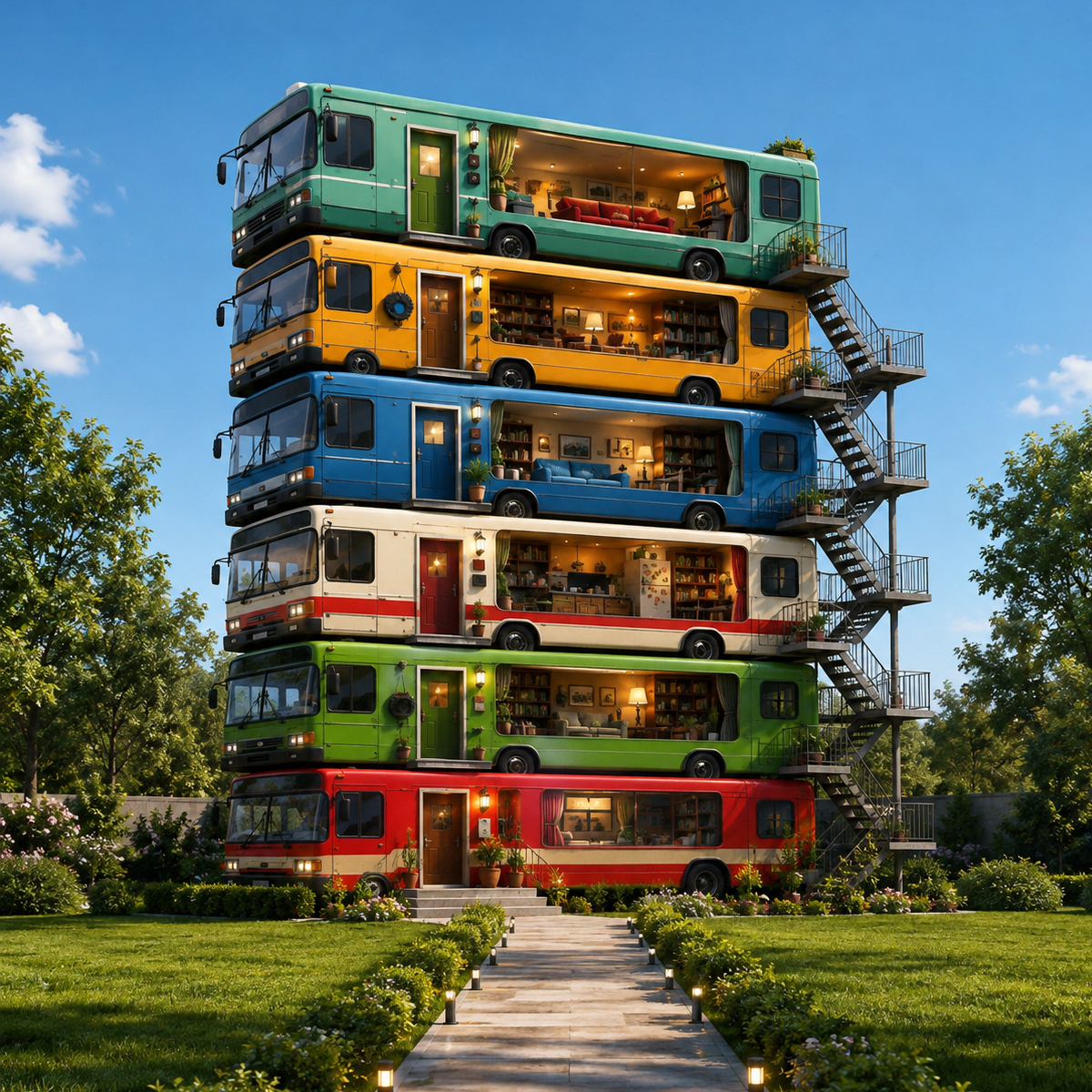 Six colorful buses stacked into a house